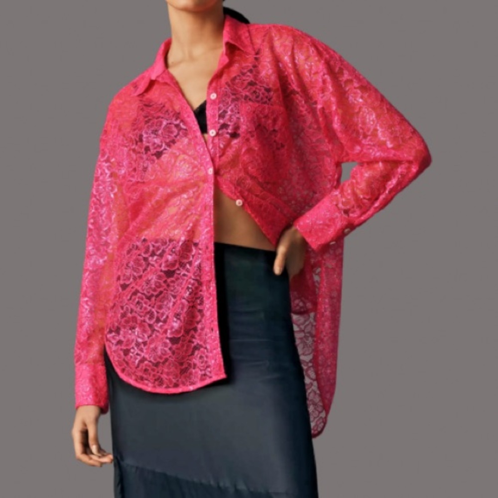 NWT By Anthropologie Pink Metallic Lace Buttondown Shirt